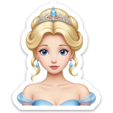 Cinematic Majestic Cinderella Portrait Emoji, rendered in a realistic, vector-style with clean, bold shapes. Depict Cinderella with a refined, noble expression, her fair skin luminous and her long blonde hair styled in an elegant updo, adorned with a delicate tiara. Her attire is a simple, sparkling ball gown that radiates soft pastel hues, glowing with a soft, majestic light and a subtle glowing outline, epitomizing classic royal beauty. sticker