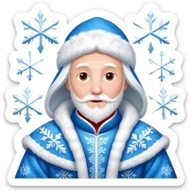 Legendary fantasy human Christmas portrait icon, Grandfather Frost and Snow Maiden style, traditional winter robe with fur, magical snow patterns, kind powerful expression, icy blue and white colors with red accents, classic Slavic winter fairy tale mood, clean readable emoji style, male/female sticker