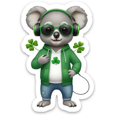 anthropomorphised koala, full body, wearing a hoodie and jeans, dark sunglasses, headphones, dressed for St. Patrick's Day, different pose sticker