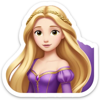 Cinematic Majestic Rapunzel Portrait Emoji, rendered in a clean, vector-style with bold, simplified shapes. Show Rapunzel with a serene, graceful expression, luminous fair skin, and elegantly styled long golden hair, accented by her classic purple gown. The design radiates a majestic, dreamlike glow with high shine and a soft glowing outline, embodying regal beauty. sticker