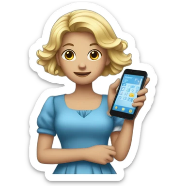 a girl in a blue dress holding a cell phone sticker