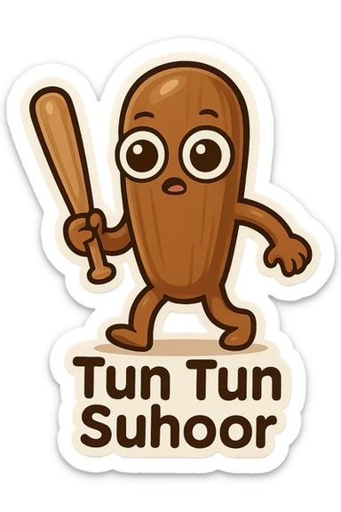 chibi emoji of Tun Tun Suhoor, wooden stick body, glossy brown finish, exaggerated big cartoon eyes, tiny mouth, human arms and legs, holding a wooden bat, silly and playful meme, no text sticker