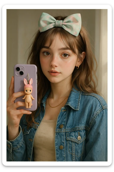 realistic illustration of a cute girl with a pastel bow, trendy outfit, and a phone decorated with a Sonny Angel figurine sticker