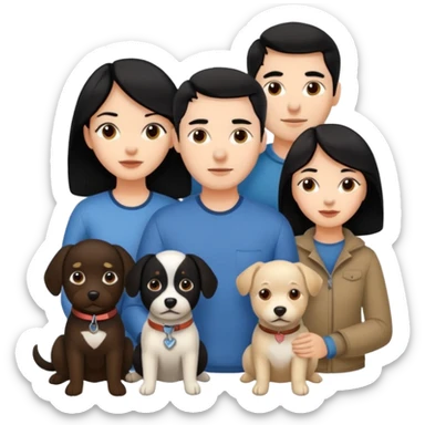 Una chica de pelo negro, con su pareja hombre y sus dos perritas una cafe y la otra negra sticker