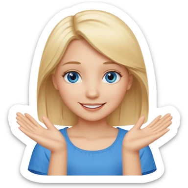 girl with blonde hair and blue eys with heands telling what  sticker