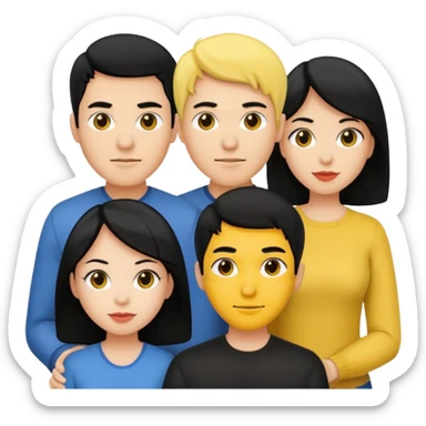 4 people, two man and two women,yellow skin,black hair, Half-body photo sticker
