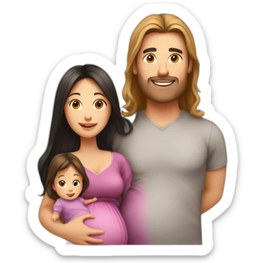 dad with black hair, pregnant mum with long brown hair, baby girl with light brown hair sticker