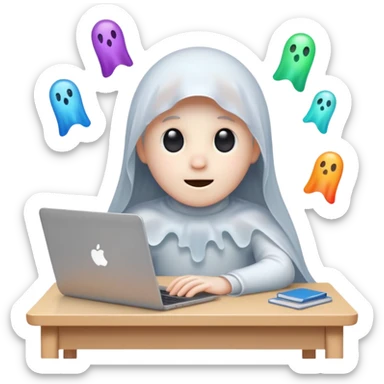 A cute ghost sits in front of a desk and is designing it with a laptop. see a laptop screen, and there is a photoshop screen on the screen. On the ghost surface, many shapes are leaving. sticker