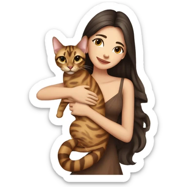 Beautiful skinny woman long dark brown hair in dress hug bengal cat sticker