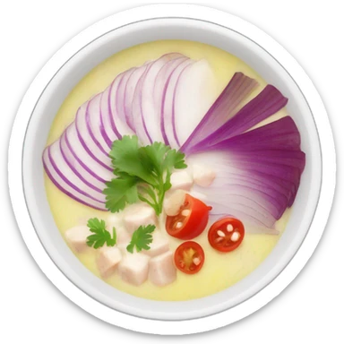 white bowl of hot soup with the following ingredients sliced red onions, albacore, coriander and yucca sticker