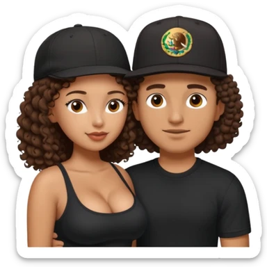 A picture of a tanned couple embracing. the guy is Mexican, with a bald hair cut and he has a SnapBack hat on. The girl is mixed, the girl is wearing a black shirt, the girl has brown curly big hair and the girl has big boobs  sticker
