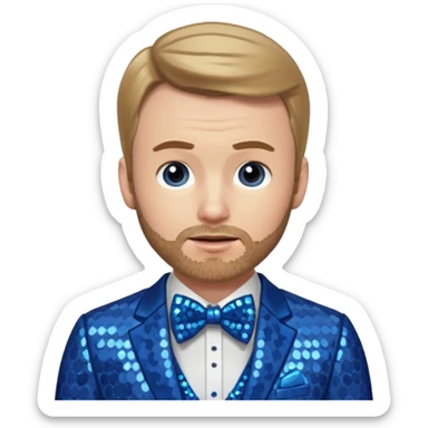 Chris Evans with dark blonde hair, blue sequin suit with bow tie sticker