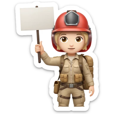 Create a cute emoji-style PUBG Mobile character, chibi version with helmet and backpack, standing in victory pose, holding a blank white sign or paper sheet in both hands in front of chest, ready for text, clean white background, simple emoji design” sticker