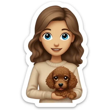 Pretty blue eyed tan girl with brown hair in a beige sweater holding a brown sweet toy poodle sticker