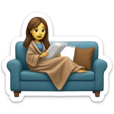 white women with brown straight hair sitting on a sofa reading a booking with a blanket cozy  sticker