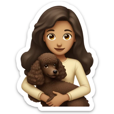 Girl with straight dark brown hair hugs a brown poodle sticker