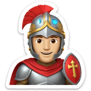 A friendly Trojan warrior mascot with a large cartoon-style head, wearing a silver helmet with a red crest and black cheek guards.  confident smile. The character wears dark armor with metallic details and a WITH yellow cape.  sticker