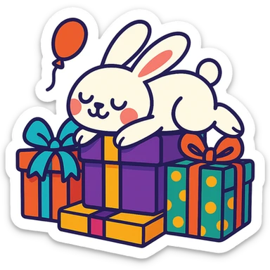 bunny lying on birthday gifts, sleepy and happy smile eyes, vibrant-toon style sticker