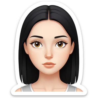 young woman with sleek black straight hair, natural makeup, and freckles across cheeks sticker
