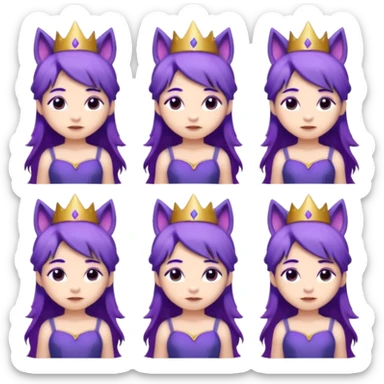 A collection of twelve chibi-style illustrations of a cute princess wearing a purple dress and crown with purple hair and purple wolf ears and purple wolf tail character. Each square shows the character expressing a different emotion against a white background And make a gap between each illusion sticker