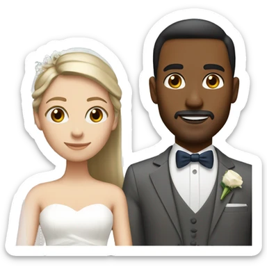 couple on wedding day: man has slick back brown hair and brown eyes and woman has dirty blonde straight hair and blue eyes sticker