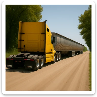 Increase the rear three-quarter angle even more, showing more of the back and less of the side of the Volvo yellow semi sleeper truck with a significantly longer silver end dump trailer, photorealistic, driving away down a rural dirt road with trees and grass, bright daytime lighting, clear sky. sticker