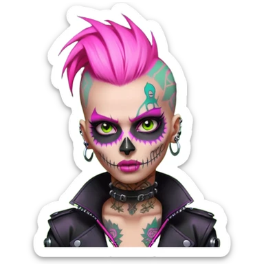 Cyberpunk female punk, pink mohawk, skull face tattoos, bionic neck, aggressive expression, neon green lighting sticker