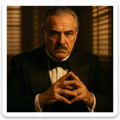 A stern older Italian mafia boss sitting in a dimly lit room, wearing a classic black tuxedo with a white shirt and black bow tie, holding his fingers in a thoughtful gesture. He has slicked-back grey hair, a mustache, and a serious, powerful expression. Warm cinematic lighting with dramatic shadows, blinds casting light stripes on the wall behind. 1940s Italian-American mafia atmosphere, cinematic close-up portrait. sticker