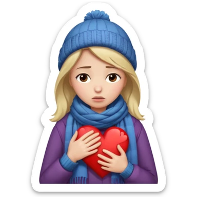 woman broken hearted, shedding a tear, looking down sad holding her heart breaking, wearing a winter outfit sticker