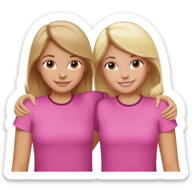 Two Girls with their arms around each other at summer camp one blonde one brown hair wearing pink shirt smiling  sticker