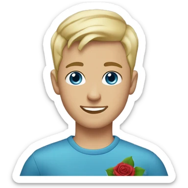 blonde haired 18-year-old boy, buzz cut hair, blue eyes, blue top, blue background, holding a rose  sticker
