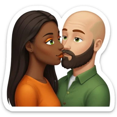Brown eyed black women with long balayage brown/black hair.  She is kissing bald white man. The White man is 47yrs old, pale, green eyes has orange facial hair and long beard. They are having an intimate moment between lovers sticker