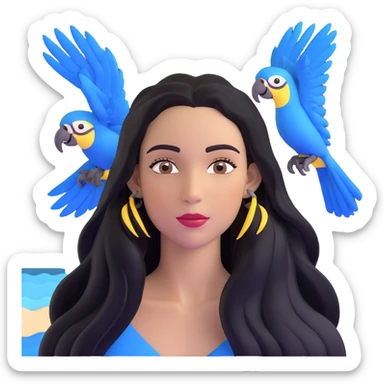 close-up of a woman's face with long black hair, light brown skin, blue macaws flying around her head, and the arches of Atalaia Beach (Aracaju-SE) subtly in the background sticker