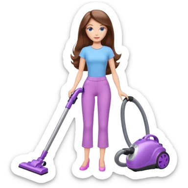 beautiful barbie girl with long brown hair, blue eyes and wearing light purple clothes, cleaning and vacuuming sticker