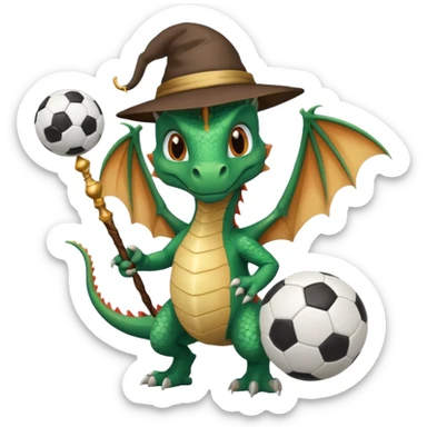 ein Drache mit einem Zauberstab in der Hand  und einem Hud  auf dem kopf und ein Fussball in der anderen hand sticker
