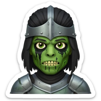 A black male with long black rough hair wearing a knight helmet with green zombie skin  sticker