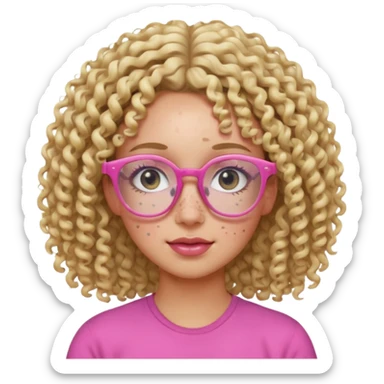 Innocent blonde woman with black eyes, perm curly hair and light skin and pink glasses and freckles  sticker