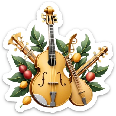 Design a sophisticated and festive emblem-like emoji representing plucked and stringed instruments. The layout should resemble a heraldic crest, featuring iconic instruments like a banjo, mandolin, domra, and sitar, artistically arranged in an elegant and symmetrical way. The necks of the instruments should be intertwined with a flowing ribbon of musical notes, winding around the strings and fretboards. The design should be detailed, showcasing the intricate carvings on the instruments, visible strings, and fret markers. Use a rich color palette with deep golds, browns, and vibrant accents to evoke a sense of luxury and celebration. The musical notes should appear to float around the instruments, connecting them in a graceful, dynamic way. Include ornate flourishes or decorative elements like laurels, swirls, or subtle engravings to give the image a professional, emblematic appearance. The background should be transparent. sticker