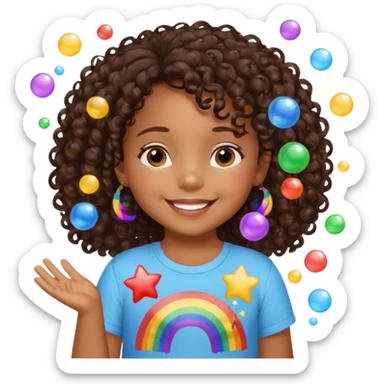 a little 3 year old girl brown skin with dark curly hair smiling with a shirt spelling “z’nié” with rainbows and bubbles and stars in the background sticker