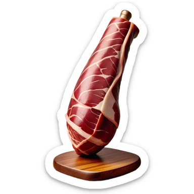 ​Cinematic Realistic Spanish Jamón Leg, depicted as a massive, cured leg of Jamón serrano with a deep reddish-brown hue, intricately marbled and slightly glossy with age, elegantly displayed on a rustic wooden stand and bathed in warm, soft lighting that accentuates its artisanal heritage, sticker