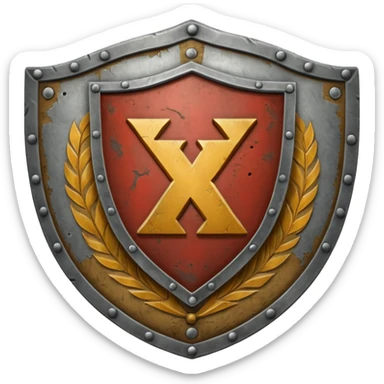 a battle worn steel shield with engraved roman numerals XXX, the roman numerals should be prominent and in the center of the shield sticker