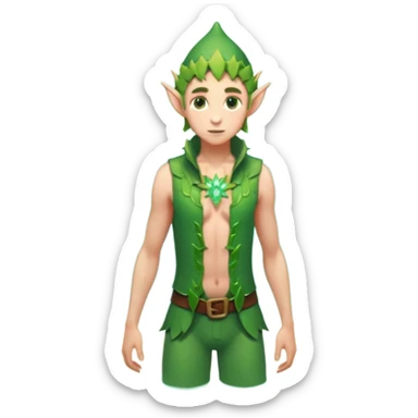 elf male wading in shallow tide pool, palm emitting soft green light to heal glowing coral, practical open vest over bare chest, determined gaze, pointy ears, vibrant underwater plants, centered emoji, nature guardian summer sticker