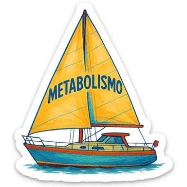modern sailboat on isolated white background with the word 'Metabolismo' written large on the sail, illustrative style, vibrant colors, 4K resolution sticker