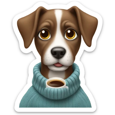 Dog with a cup of coffee wearing a sweater sticker