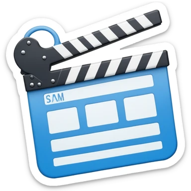 ultra simplified movie clapper with blue and white colors, two simple rectangles with a diagonal line sticker