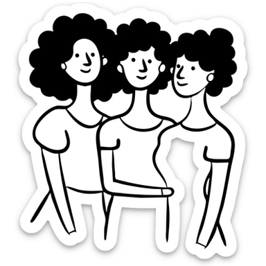 Three women with curly hair standing together, two with shoulder-length black curly hair and one with short black curly hair sticker