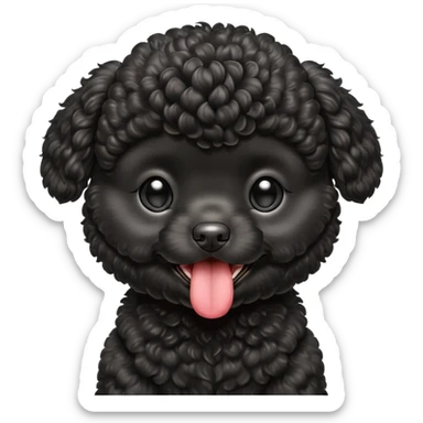 A high-resolution square-format digital illustration of a black toy poodle puppy in a clean, emoji-inspired semi-realistic style. The poodle is shown from the chest up, facing forward with a slight tilt of the head to the left, tongue out playfully. sticker