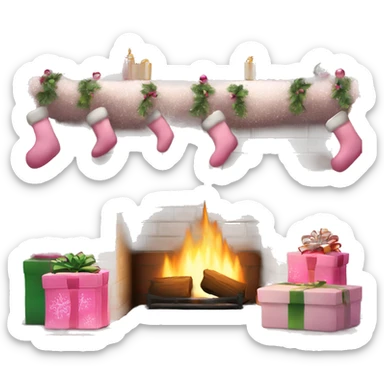 A cozy white brick fireplace with pink Christmas decor sticker