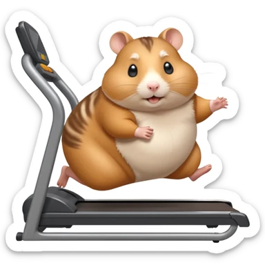 fat hamster big belly trying to run on treadmill sideways desperately trying to catch up with speed sticker
