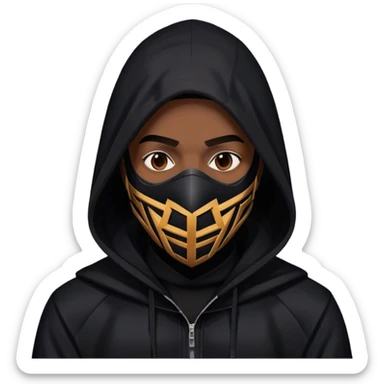 man with black hooded jacket and a full black full-face geometric mask sticker